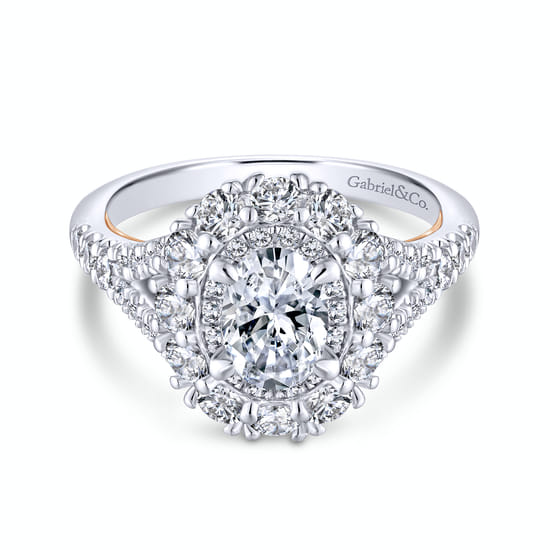 Gabriel - 14K White-Rose Gold Oval Double Halo Diamond Engagement Ring