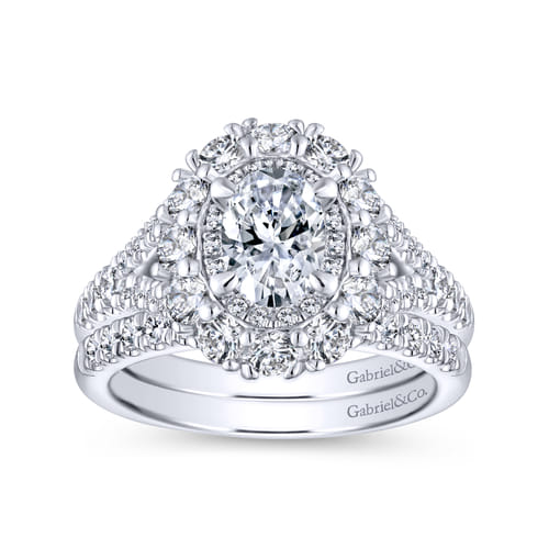14K White-Rose Gold Oval Double Halo Diamond Engagement Ring