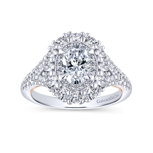14K White-Rose Gold Oval Double Halo Diamond Engagement Ring