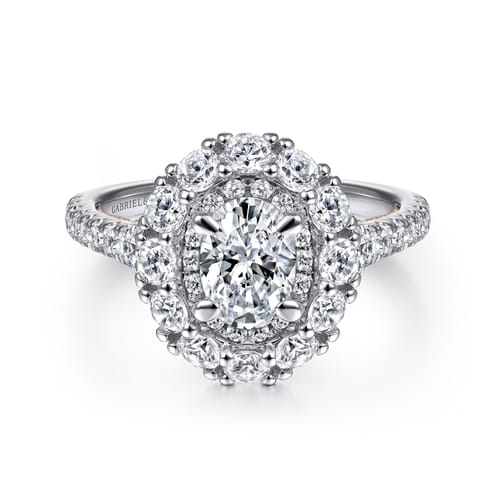 14K White-Rose Gold Oval Double Halo Diamond Engagement Ring