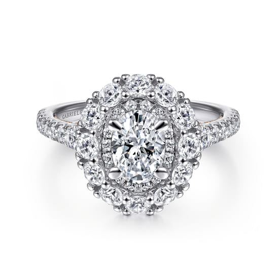 Gabriel - 14K White-Rose Gold Oval Double Halo Diamond Engagement Ring