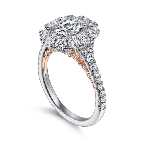 14K White-Rose Gold Oval Double Halo Diamond Engagement Ring