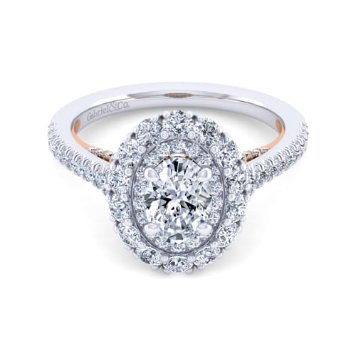14K White-Rose Gold Oval Double Halo Diamond Engagement Ring