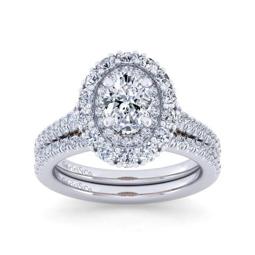 14K White-Rose Gold Oval Double Halo Diamond Engagement Ring