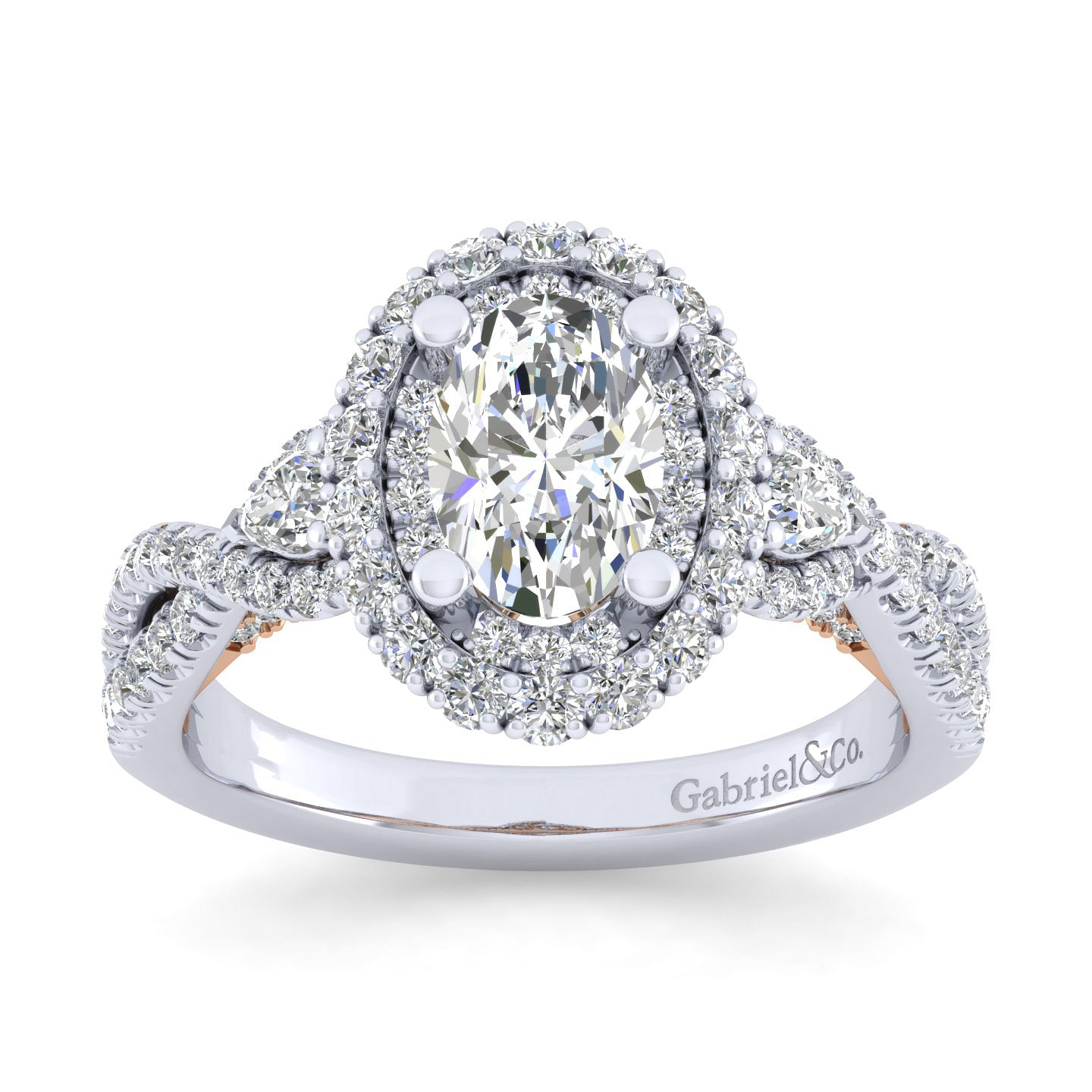 14K White-Rose Gold Oval Double Halo Diamond Engagement Ring