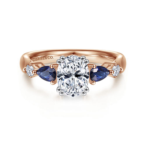 14K White-Rose Gold Oval Five Stone Sapphire and Diamond Engagement Ring