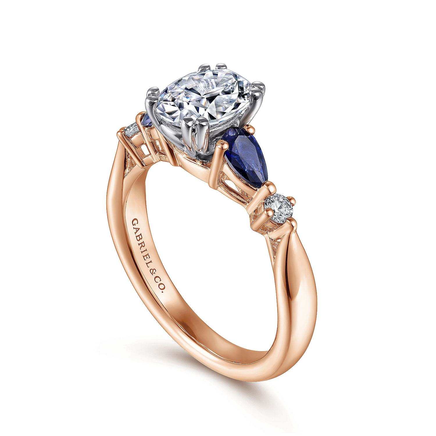 14K White-Rose Gold Oval Five Stone Sapphire and Diamond Engagement Ring