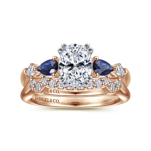 14K White-Rose Gold Oval Five Stone Sapphire and Diamond Engagement Ring