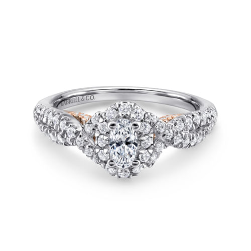 14K White-Rose Gold Oval Halo Complete Diamond Engagement Ring