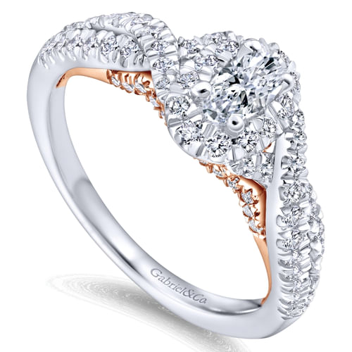 14K White-Rose Gold Oval Halo Complete Diamond Engagement Ring