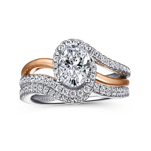 14K White-Rose Gold Oval Halo Diamond Engagement Ring