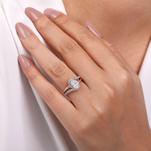 14K White-Rose Gold Oval Halo Diamond Engagement Ring