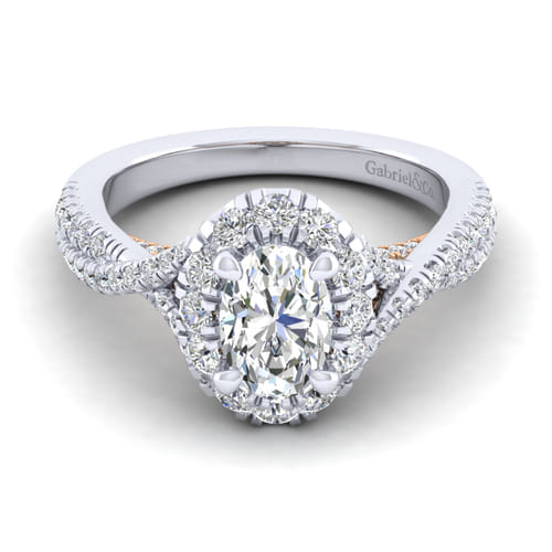 14K White-Rose Gold Oval Halo Diamond Engagement Ring