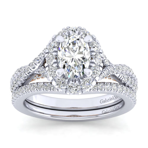 14K White-Rose Gold Oval Halo Diamond Engagement Ring