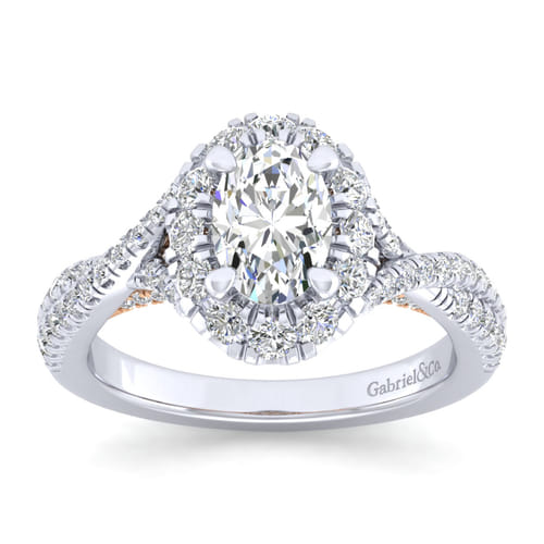 14K White-Rose Gold Oval Halo Diamond Engagement Ring