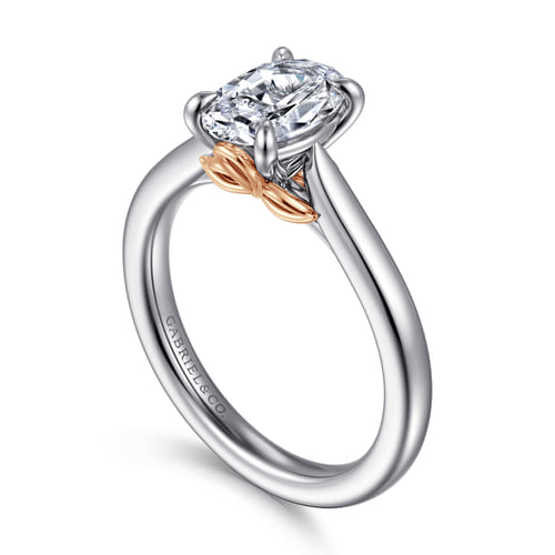 14K White-Rose Gold Oval Lotus Diamond Engagement Ring