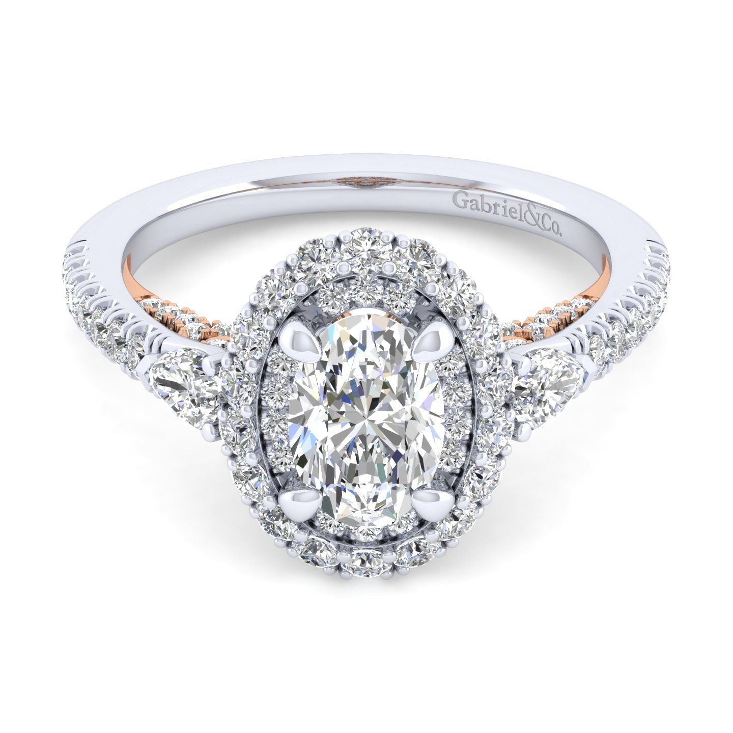 14K White-Rose Gold Oval Three Stone Double Halo Diamond Engagement Ring