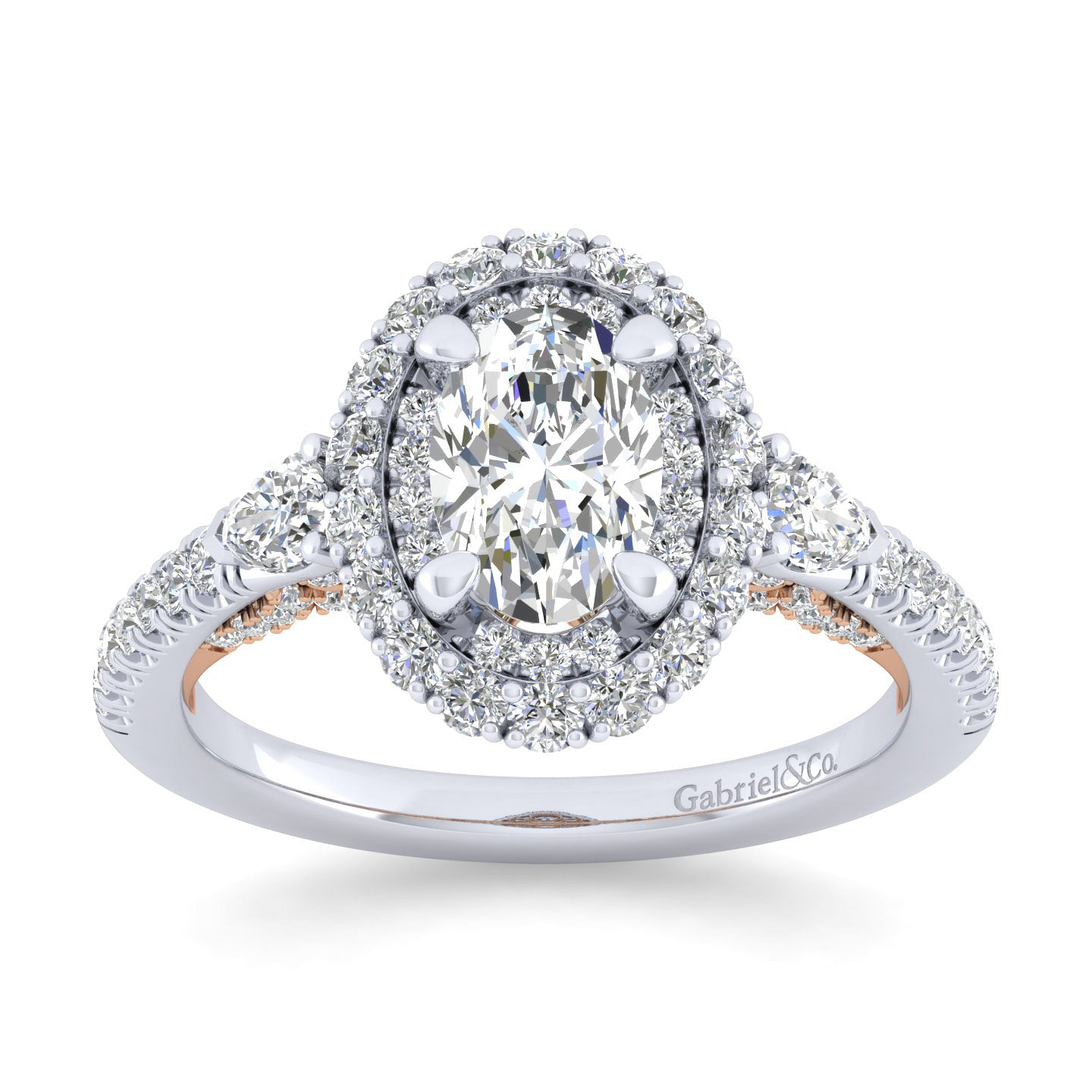 14K White-Rose Gold Oval Three Stone Double Halo Diamond Engagement Ring