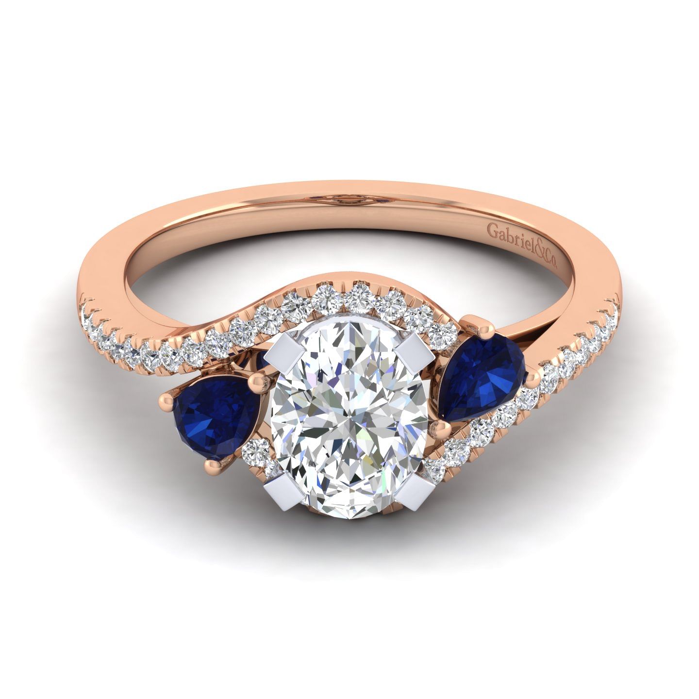 14K White-Rose Gold Oval Three Stone Sapphire and Diamond Engagement Ring