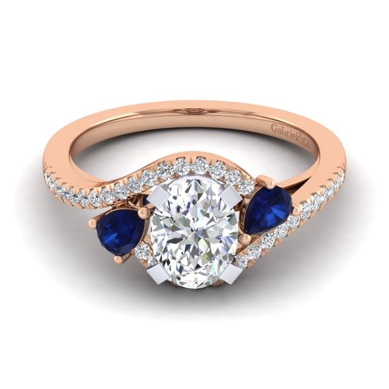 Gabriel - 14K White-Rose Gold Oval Three Stone Sapphire and Diamond Engagement Ring