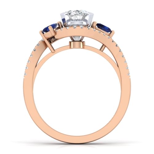 14K White-Rose Gold Oval Three Stone Sapphire and Diamond Engagement Ring