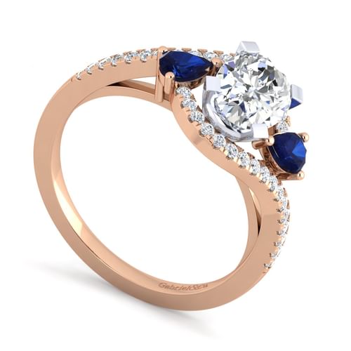 14K White-Rose Gold Oval Three Stone Sapphire and Diamond Engagement Ring