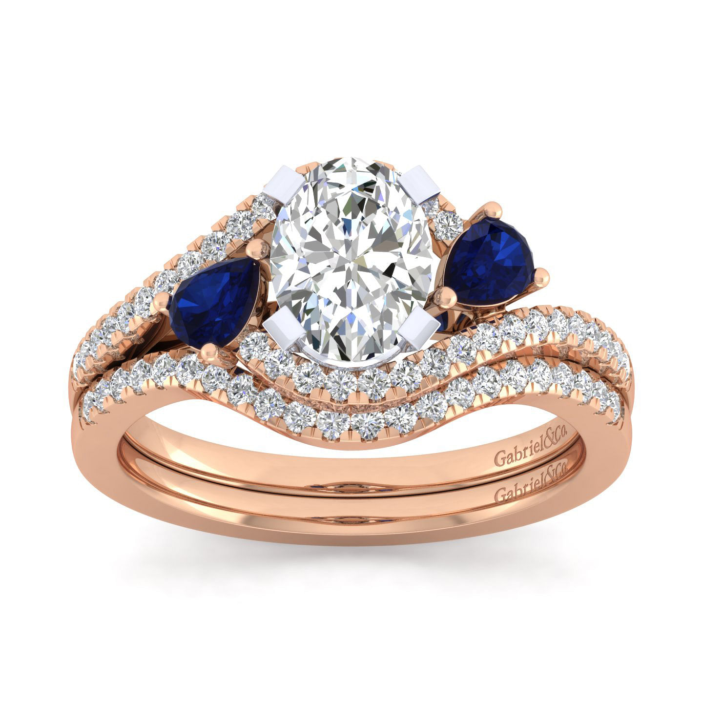 14K White-Rose Gold Oval Three Stone Sapphire and Diamond Engagement Ring