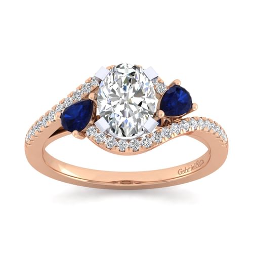 14K White-Rose Gold Oval Three Stone Sapphire and Diamond Engagement Ring
