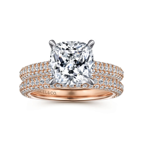 14K White-Rose Gold Pavé Cushion Cut Diamond Engagement Ring