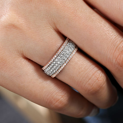 14K White-Rose Gold Pavé Diamond Wide Band Ring