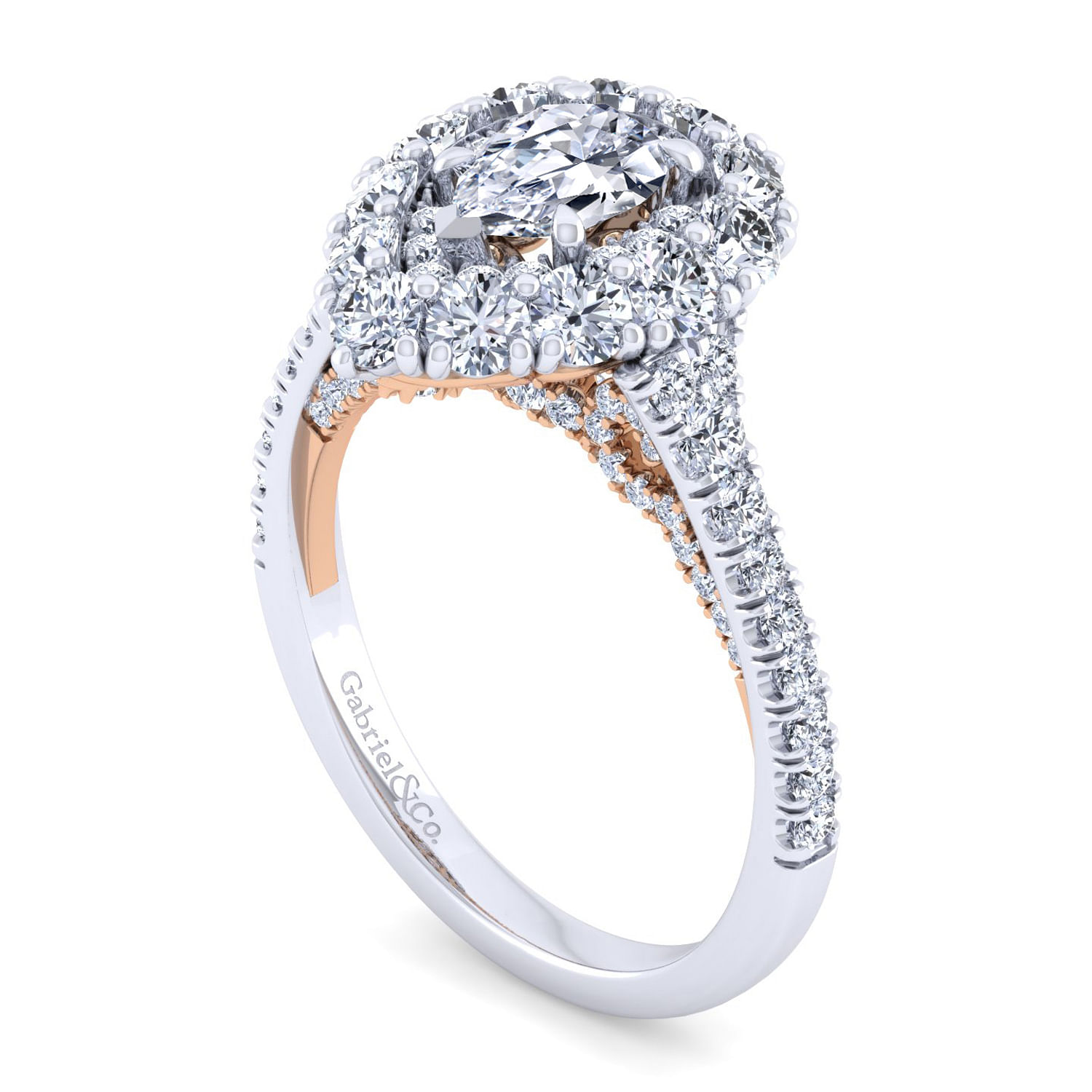 14K White-Rose Gold Pear Shape Double Halo Diamond Engagement Ring