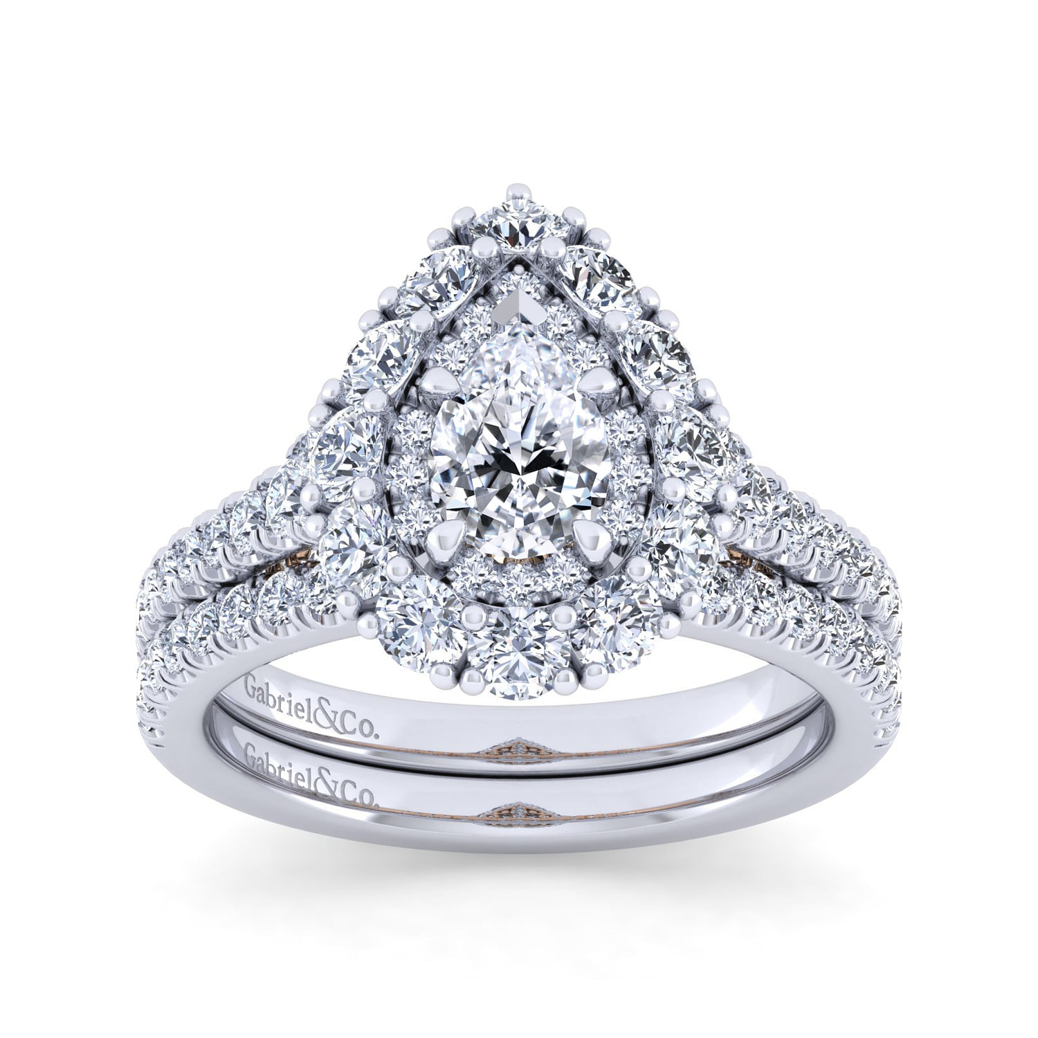 14K White-Rose Gold Pear Shape Double Halo Diamond Engagement Ring