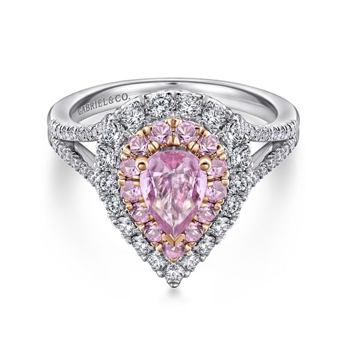 14K White-Rose Gold Pear Shape Double Halo Diamond and Pink Sapphire Engagement Ring