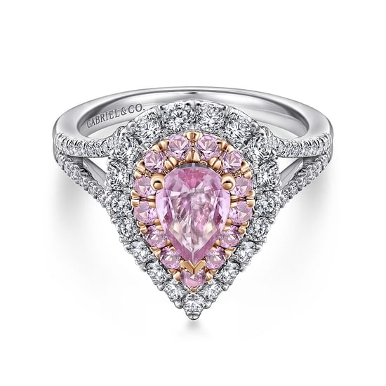 Gabriel - 14K White-Rose Gold Pear Shape Double Halo Diamond and Pink Sapphire Engagement Ring