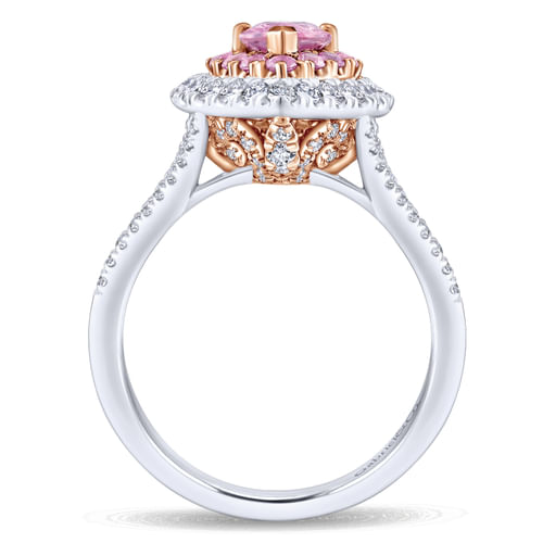 14K White-Rose Gold Pear Shape Double Halo Diamond and Pink Sapphire Engagement Ring