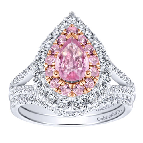 14K White-Rose Gold Pear Shape Double Halo Diamond and Pink Sapphire Engagement Ring