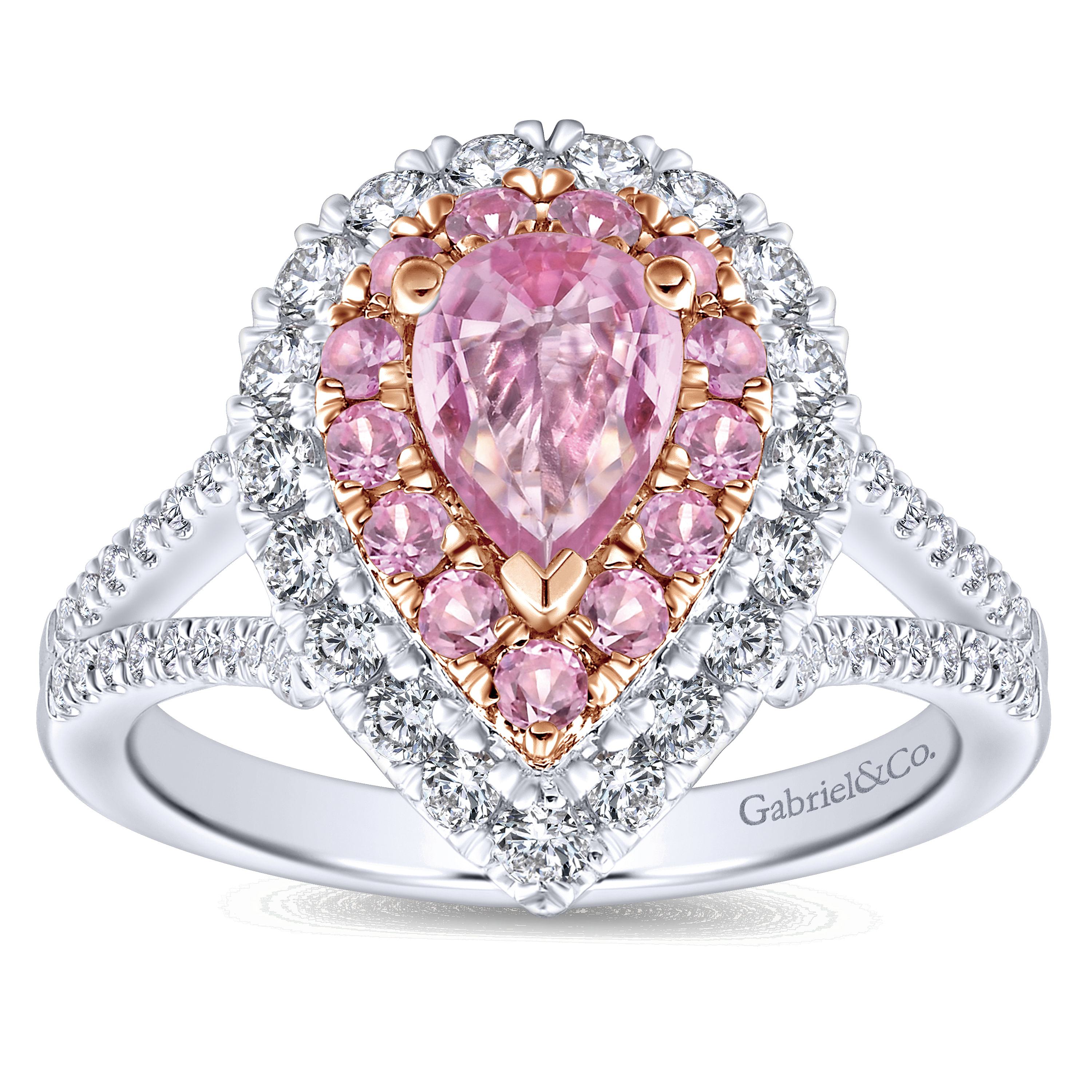 14K White-Rose Gold Pear Shape Double Halo Diamond and Pink Sapphire Engagement Ring