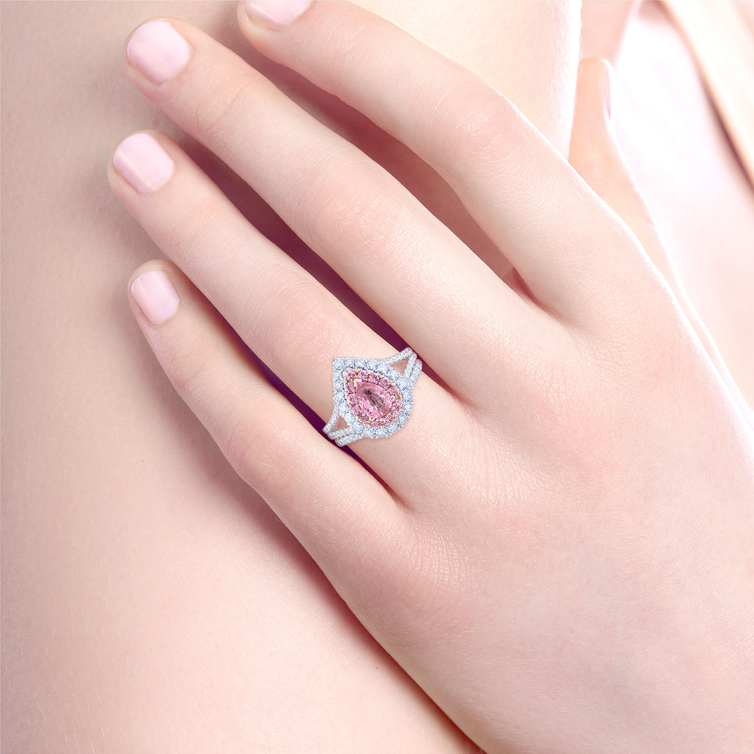 14K White-Rose Gold Pear Shape Double Halo Diamond and Pink Sapphire Engagement Ring