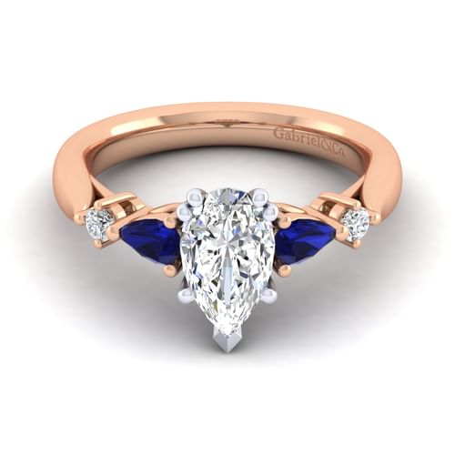 14K White-Rose Gold Pear Shape Five Stone Sapphire and Diamond Engagement Ring