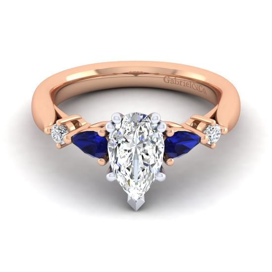 Gabriel - 14K White-Rose Gold Pear Shape Five Stone Sapphire and Diamond Engagement Ring