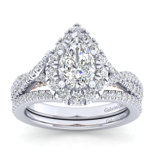 14K White-Rose Gold Pear Shape Halo Diamond Engagement Ring