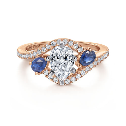 14K White-Rose Gold Pear Shape Three Stone Sapphire and Diamond Engagement Ring