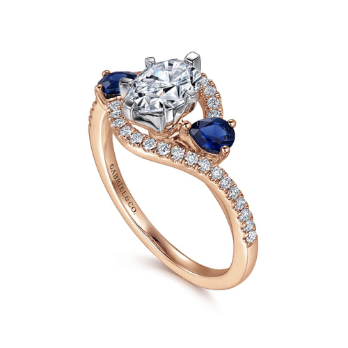 14K White-Rose Gold Pear Shape Three Stone Sapphire and Diamond Engagement Ring