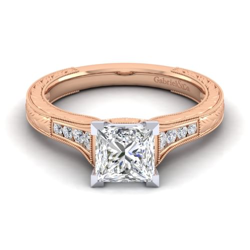 14K White-Rose Gold Princess Cut Diamond Channel Set Engagement Ring