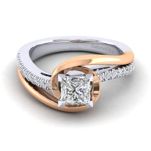 14K White-Rose Gold Princess Cut Diamond Engagement Ring
