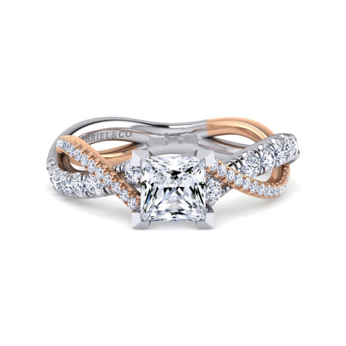 14K White-Rose Gold Princess Cut Diamond Twisted Engagement Ring