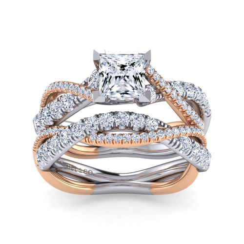 14K White-Rose Gold Princess Cut Diamond Twisted Engagement Ring