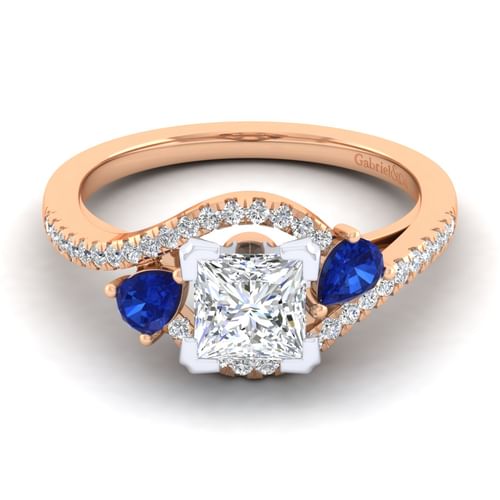 14K White-Rose Gold Princess Cut Three Stone Sapphire and Diamond Engagement Ring