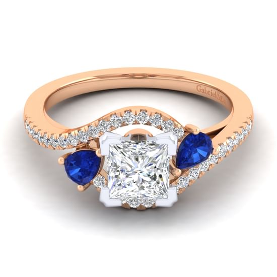 Gabriel - 14K White-Rose Gold Princess Cut Three Stone Sapphire and Diamond Engagement Ring