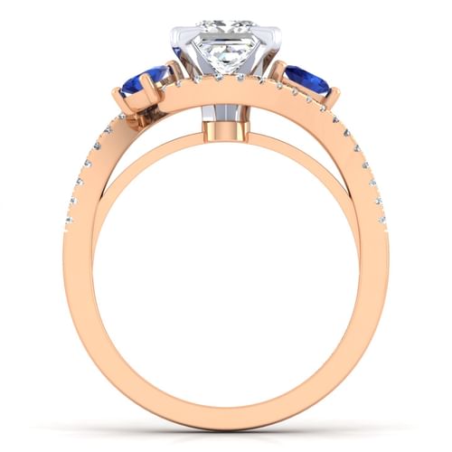 14K White-Rose Gold Princess Cut Three Stone Sapphire and Diamond Engagement Ring
